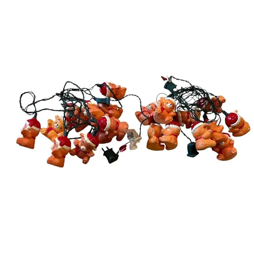 2 Strands VTG Teddy Bear Santa Hat Plastic Blow Mold String Lights Working